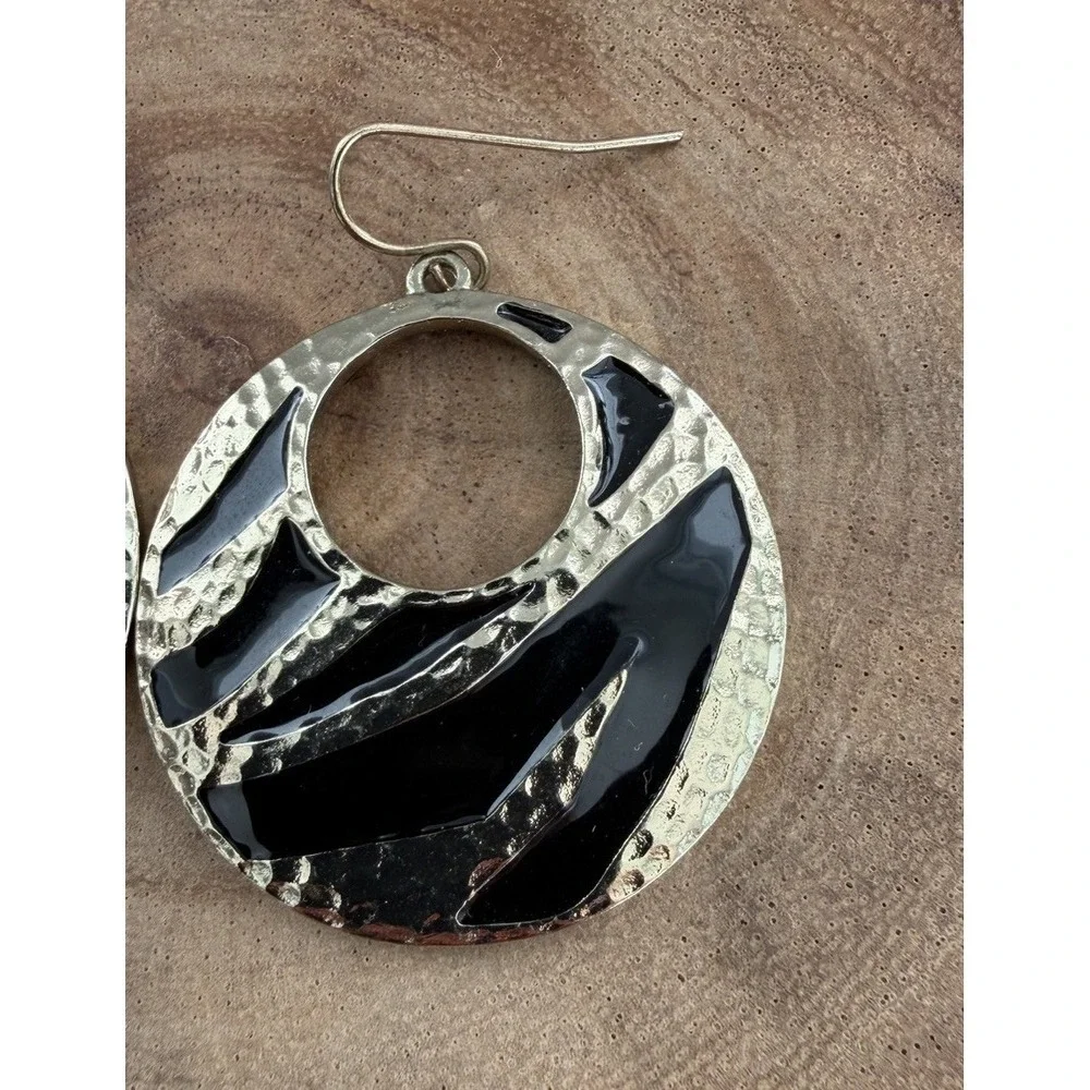 Round Zebra Print Dangle Drop Earrings Metal Gold & Black Half Moon Statement
